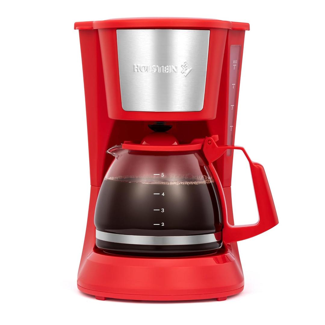 Holstein Housewares 5 Cup Drip Coffee Maker  Compact and User-Friendly with Auto Pause & Serve, Reusable Filter, Measuring Spoon & Glass Carafe, Office & Dorm Use, Red