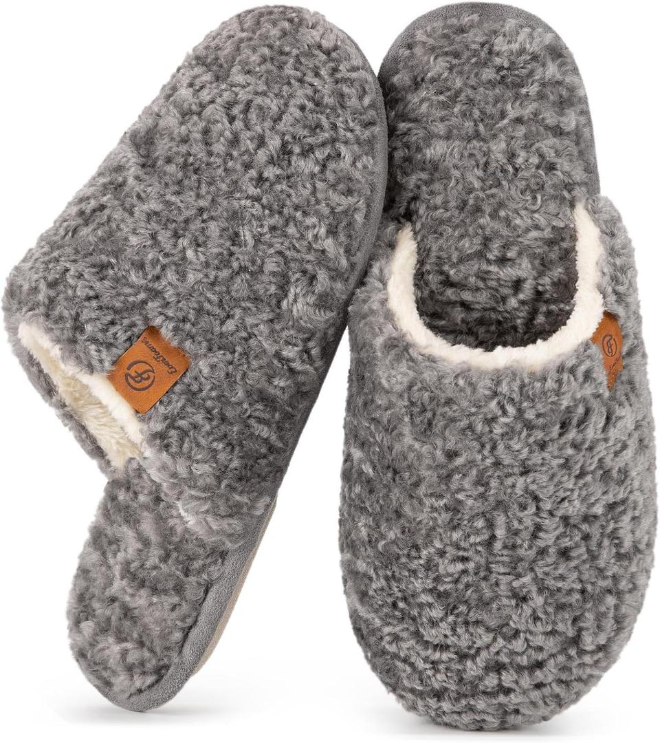 EverFoams Women's Fuzzy Slip-on Slippers Warm Cozy Soft Lightweight Memory Foam Indoor House Shoes (7-8, Oxford Gray)