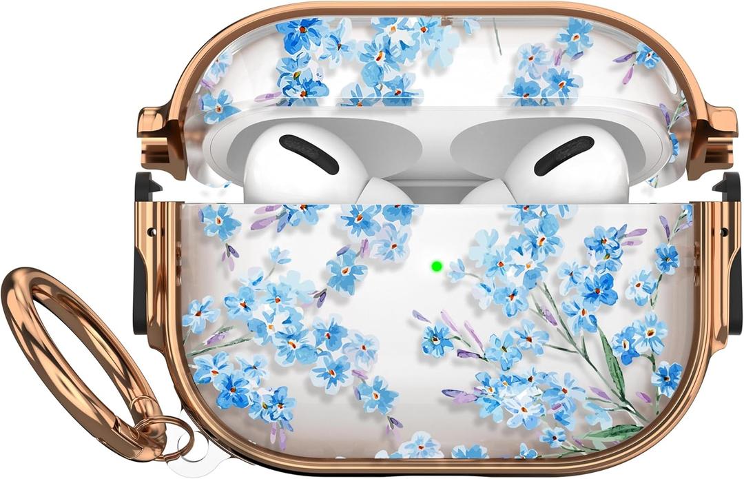 Maxjoy for AirPods Pro 2nd/1st Generation Case with Lock, Clear AirPods Pro 2 Case Lock Protective Flower AirPod Pro Cover for Women Men with Keychain for Airpod Pro (2023/2022/2019), Blue