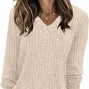 Long Sleeve Shirts for Women V Neck Loose Sweaters Casual Fall Tops Fashion Clothes 2025 (Beige, M)