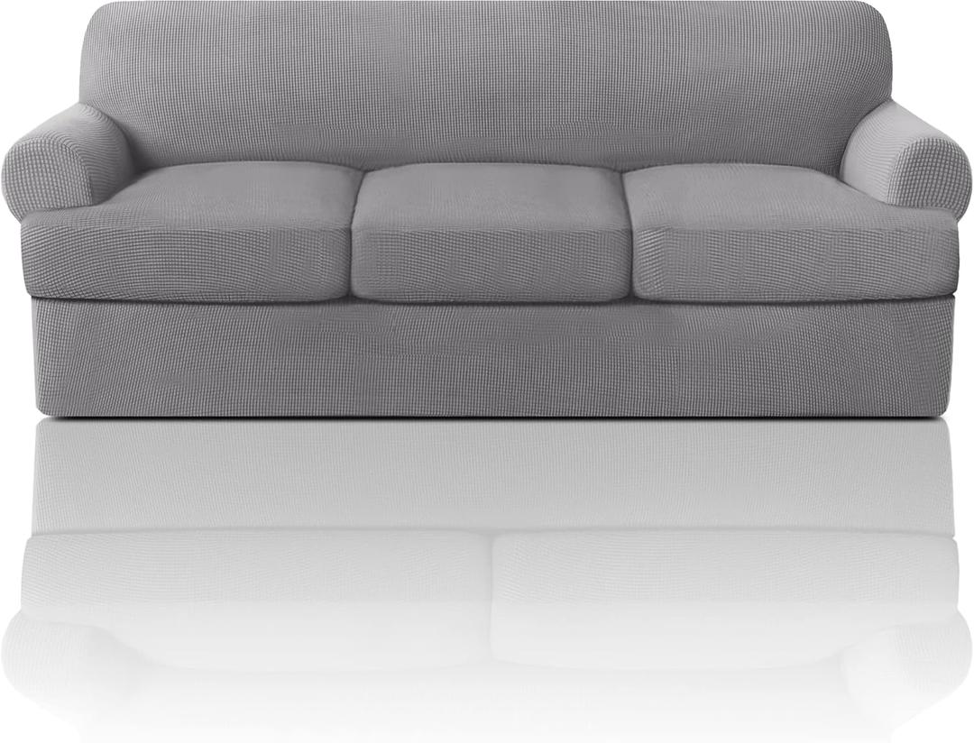 PrinceDeco T Cushion Sofa Slipcover 4 Pieces Sofa Covers for T Cushion Couch Soft Sofa Slip Covers Furniture Protector with 3 Individual T Shape Seat Covers (70"-88") Washable, Dove