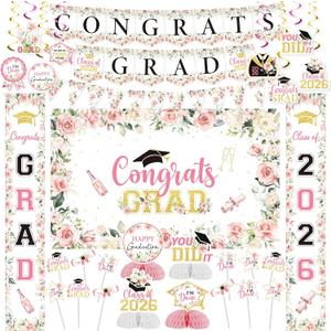 Pink Floarl Flower Graduation 2026 Party Decoration Set Include Congrats Grad Backdrop Porch Sign Congrats Grad Triangle Banner Cake Topper Honeycomb Centerpieces Hanging Swirl for Party Supplies