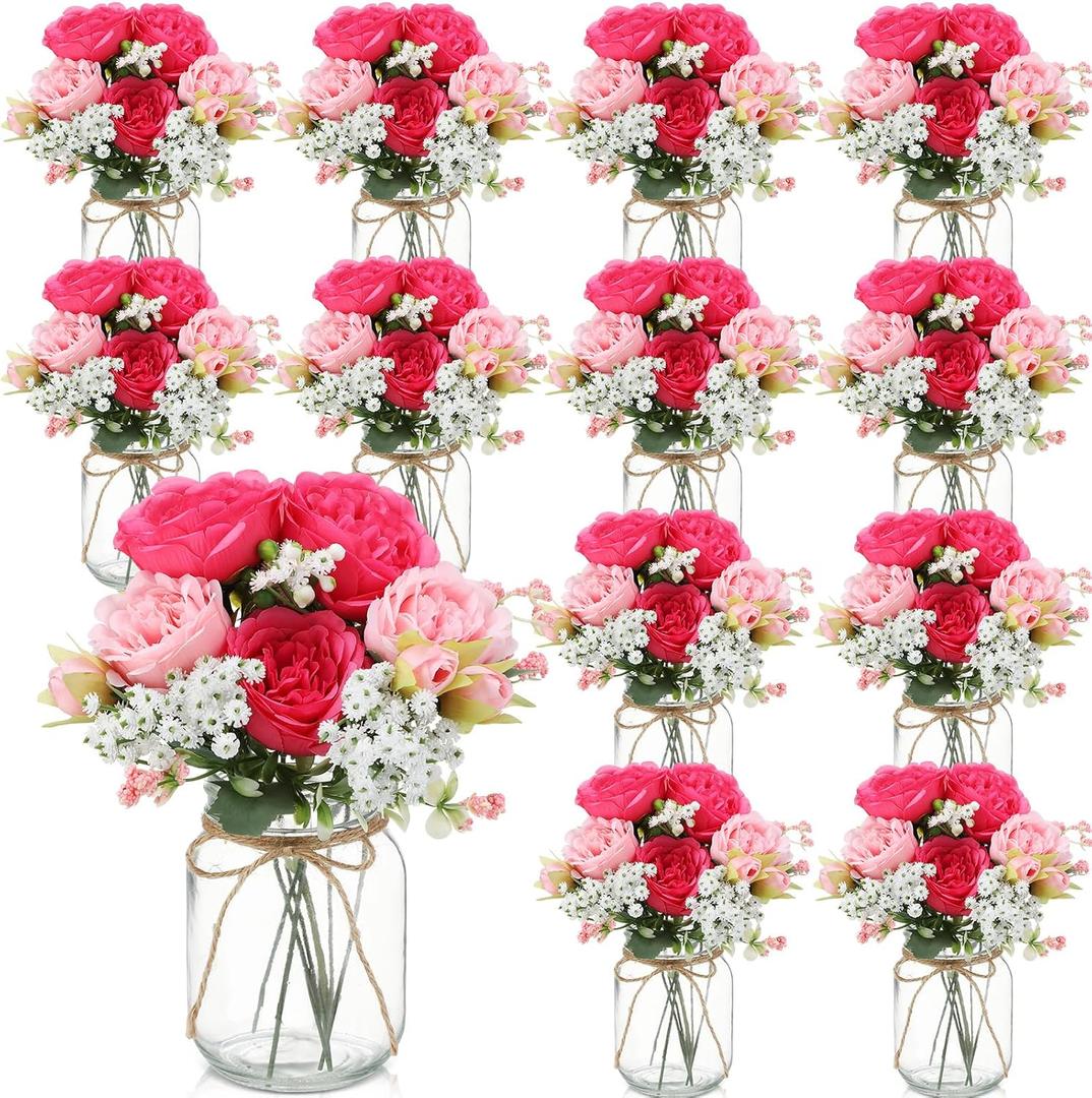 Zeyune 12 Sets Mason Jar Flowers Centerpiece Table Decorations,Pink Mix