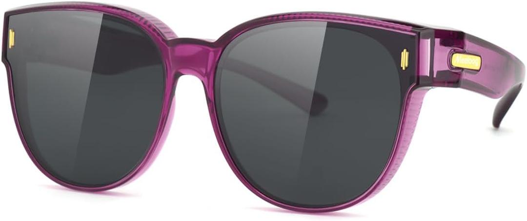 Meeloog Over Glasses Sunglasses for Women Polarized Stylish Large Shades Cover Glass Women Cateye Round UV400 for Driving (Purple Frame Black Lens)