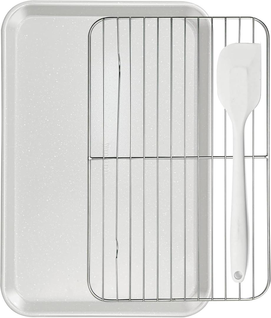 7PCS Nonstick Baking Sheet Set - 10x15in Jelly Roll Pan with Wire Rack, Silicone Spatula & 4 Cookie Cutters, Thickened Carbon Steel, Oven Safe 450C, Salted Gray