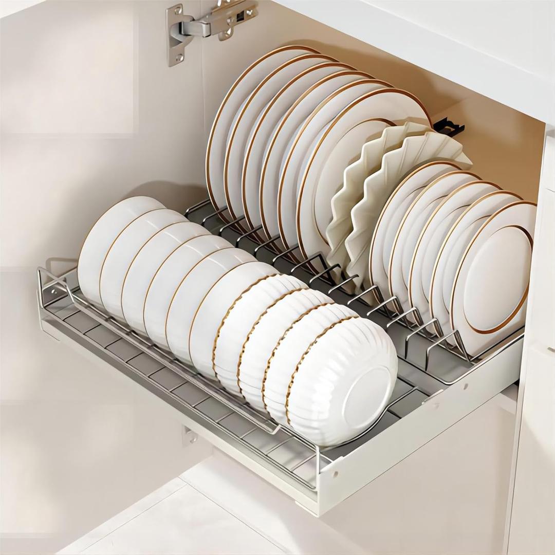 Pull out Cabinet Organizer Fixed with Adhesive Nano Film Slide out Dish Drying Rack for Kitchen Cabinets, Pull Out Drawer for Kitchen Under Sink Organizer, Dimensions measure 16.6 inch length × 15.7 inch width × 2.95 inch height