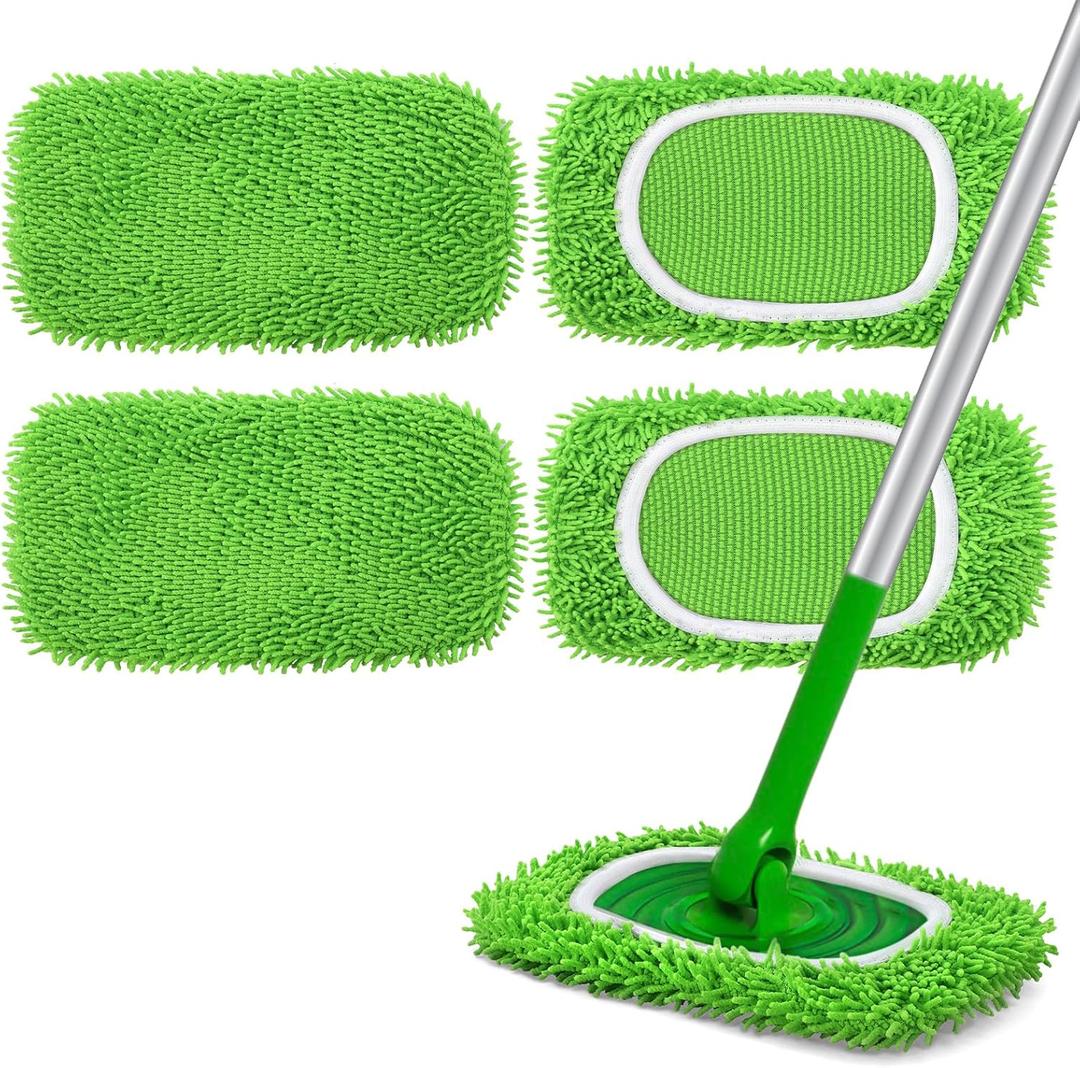 Reusable Microfiber Mop Pads Compatible with Swiffer Sweeper- 4 Pack Dry Sweeping Cloths & Wet Mopping Cloths - Chenille Washable Wet Pads Refill for Mopping Floors (Mop is not Included)