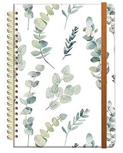 Ruled Spiral Writing Notebook, A5 Hardcover Lined College Journal for Women Lady Girl, Cute Eucalyptus Flower Strong TwinWire Binding with Premium Paper, 8.4 X 6, Perfect for School, Office, Home