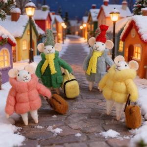 Set of 4 Christmas Felt Mouse Ornaments, 5" Mini Fashionable Mice with Luggage for Christmas Tree Hanging, Wool Xmas Tabletop Decor, Animal Crafts for Holiday Easter Gifts Party Supply