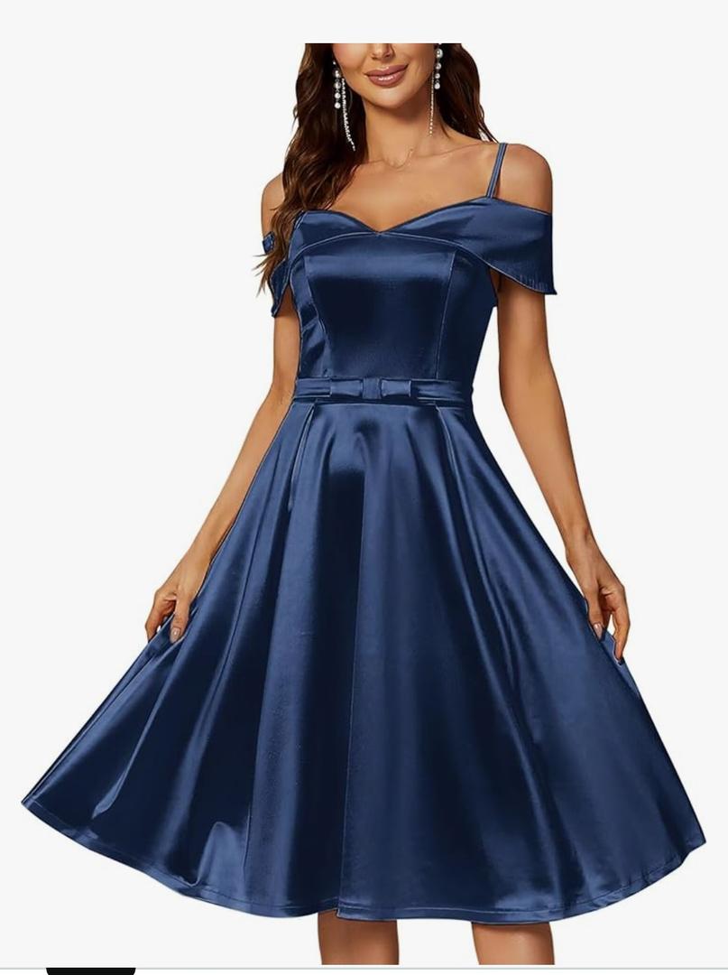 A Line Satin Wedding Party Dress for Women, Off Shoulder Tea-Length Formal Evening Gown with Pocket, M