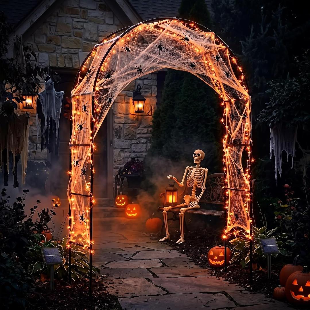 Glooglitter 4 Pcs Solar Halloween Archway Outdoor Decor, Spider, Orange
91" Heavy Duty Black Metal Garden Arbor, 39.4ft 100 led String Light and Web, Spooky Horror Yard Walkway Porch Entrance Decor