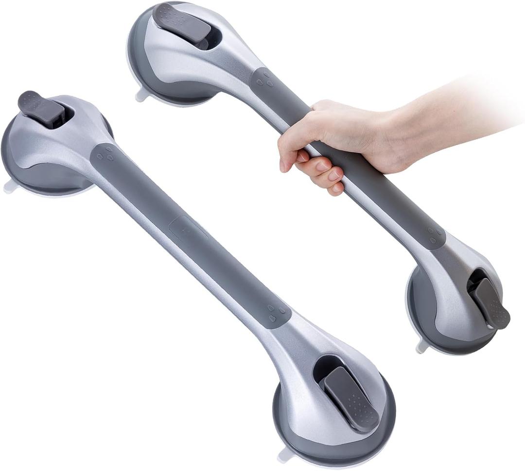 TAILI Shower Grab Bar 2 Pack 16 Inch Suction Grab Bars, Heavy Duty Shower Handle Removable Bath Handrails for Elderly and Seniors, No Drilling Waterproof, Silver (16.8")