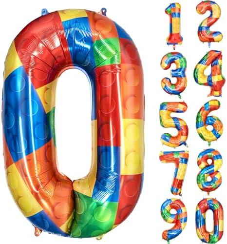 Pack of 4, 32 Inch Building Block Number 0 Balloons Foil Big Number Balloons for Birthday Party Baby Shower, Brick Themed | Colorful Block Balloons Party Supplies Decor for Kids