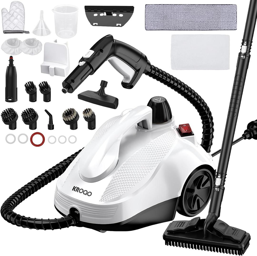 Steam Cleaner, Steam Mop with 23 Accessories, Powerful Multipurpose Portable Steamer for Cleaning to Remove Grime, Grease, for Multi-Purpose and Multi-Surface Floors, 16.4ft Power Cord, White