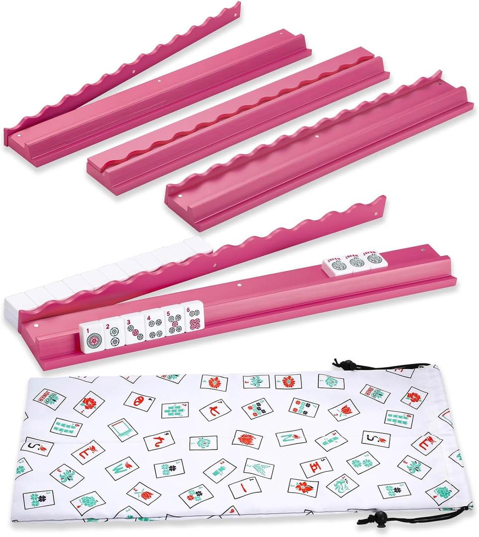 4PCS Mahjong Racks with Pushers, Wooden American Mahjong Tile Pushers and Racks Set of 4, with White Printed Mahjong Racks Drawstring Bag, Mahjong Accessories (19.68 Inches)