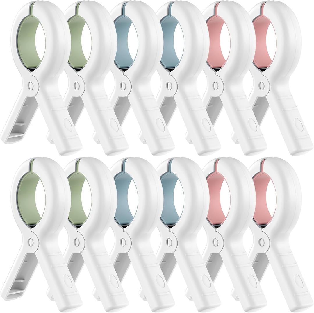 Senbowe 12 Pack Beach Towel Clips,Pool Chair Clips,Heavy Duty Plastic Clothes Pins,Quilt Drying Clips,Windproof Clothes Clips,Keep Your Towel,Clothes,Blankets to Dry on Clothesline and Hanging Rack (Blue, Green, Pink (3.7 Inch))