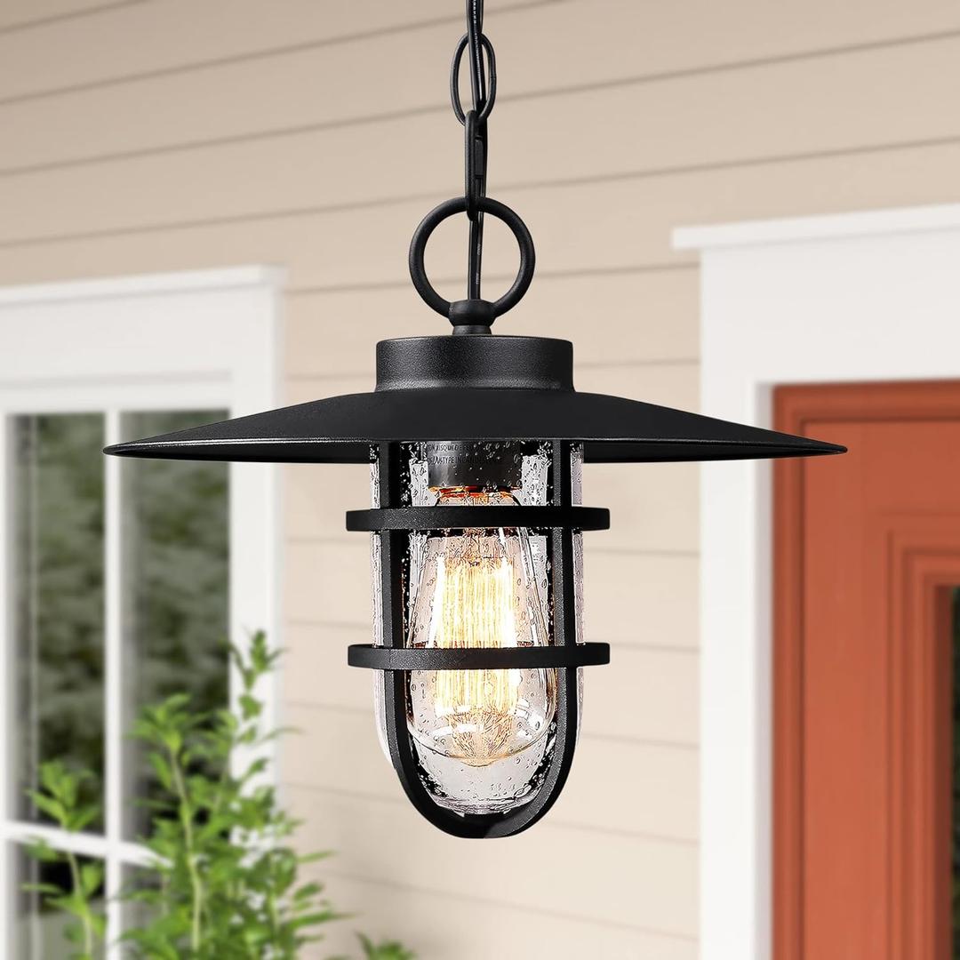 12" Black Outdoor Pendant Light with Seeded Glass, Farmhouse Exterior Hanging Lantern Chandelier with 70" Adjustable Chain for Porch Patio Gazebo Front Door (Bulb Included)