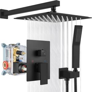 gotonovo Rainfall Bathroom Shower System Rain Shower Head and Handle Set Wall Mounted Shower Complete Combo Solid Brass Pressure Balancing Shower Mixer Valve 12 Inch Matte Black