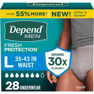 Depend Fresh Protection Adult Diapers, Incontinence Underwear for Men, Disposable, Maximum, Large, Grey, 28 Count