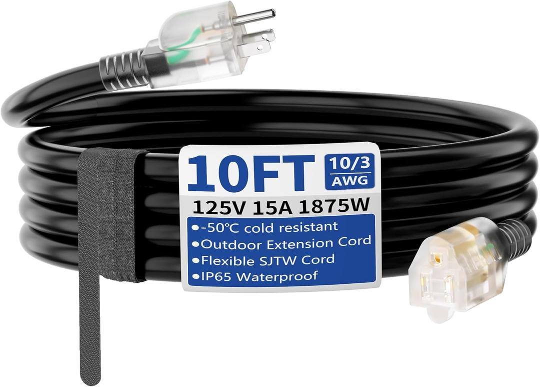 10ft Outdoor/Indoor Extension Cord with Lighted 10/3 Gauge Ultra 3 Prong Heavy Duty SJTW, Waterproof, Flexible Cold-Resistant,15A 125V 1875W, Black