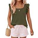 2 x Xaatren Girls' Ruffle Sleeve Tank Tops, 5-6 Years, Army Green