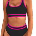 BMJL Women's High Waisted Bikini Sets Sporty Two Piece Swimsuits Color Block Cheeky High Cut Bathing Suits (Large, Black Pink011)