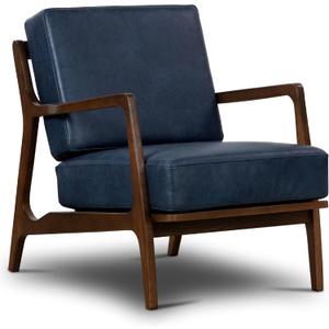 Poly & BARK Verity Leather Accent Chair  Armchair with Walnut Wood Frame  Fashion-Forward Lounge Seating for Living Room  Upholstered in Midnight Blue Leather for Modern Style