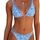 ZAFUL Women's Floral Bikini Set Color Block Double Spaghetti Strap High Cut Swimsuit Two Piece Bathing Suits (Blue, S)