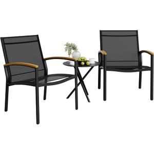 Shintenchi 3 Pieces Patio Bistro Sets, Outdoor Textilene Fabric Conversation Bistro Set, Textilene Fabric Front Porch Chairs Small Patio Furniture Set with Table for Lawn,Garden,Balcony (Black)
