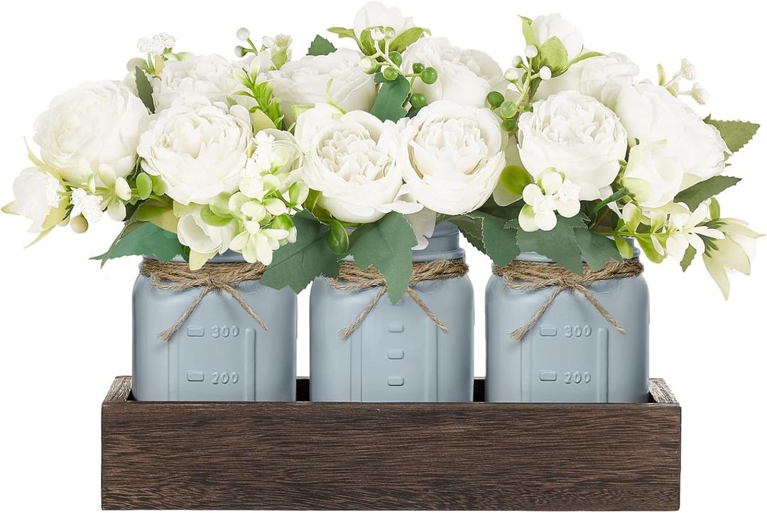 Mkono Mason Jar Table Centerpiece Decorative Wood Tray with 3 Painted Jars Artificial Flowers Rustic Country Farmhouse Decoration for Coffee Table Dining Room Living Room Kitchen (Peony)