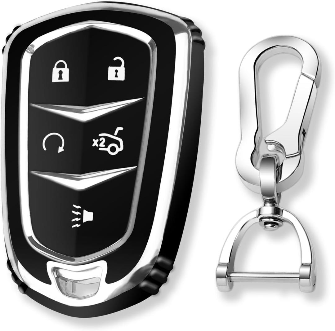 QBUC for Cadillac Key Fob Cover with Keychain Chrome Trim Soft TPU Protection Case Compatible with 2015-2019 Cadillac Escalade ATS CTS CT6 XTS XT5 SRX 5-Buttons(Black)
