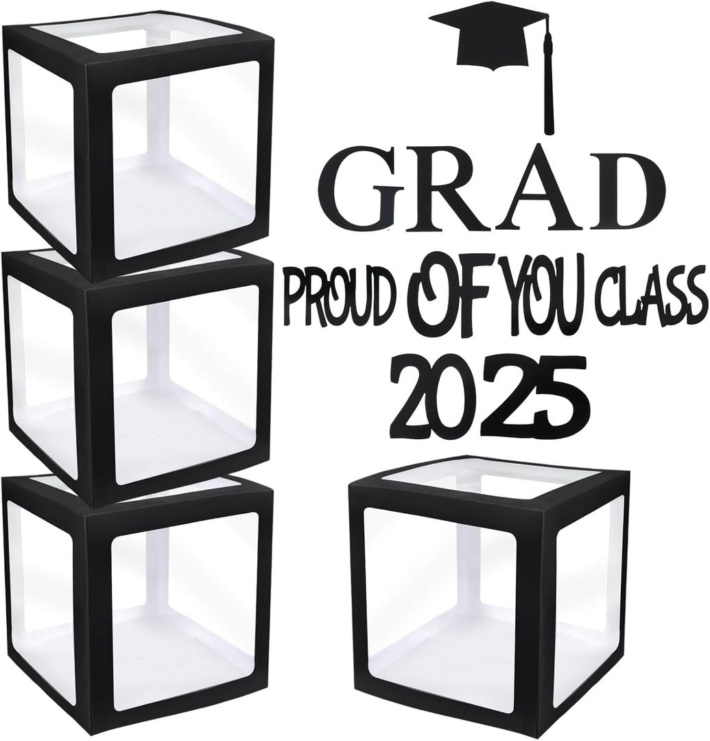 Graduation Decorations Class of 2025-4PC Clear Balloon Boxes with GRAD Letters, So Proud of You Props - Reusable Graduation Party Favors for College, High School (Black, 11.8 * 11.8 Inch)