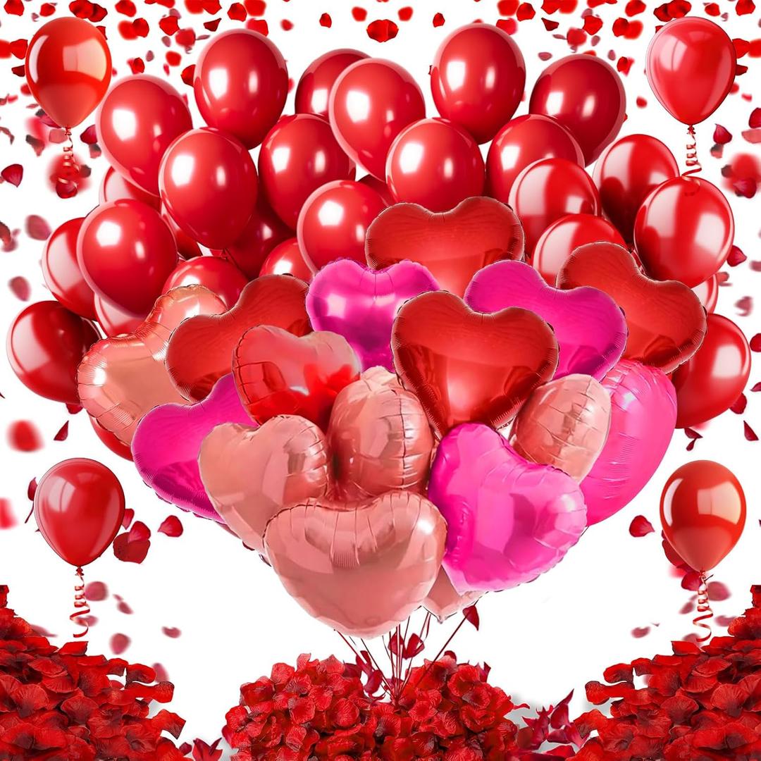 Red Latex Balloons,Red and Rose Red and Rose Glod Heart-Shaped Aluminum Foil Balloon,Red Fake Petals for Valentines Wedding Bridal Shower Anniversary Engagement Party Supplies Decorations