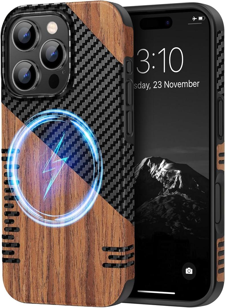 TENDLIN Magnetic Case Compatible with iPhone 16 Pro Phone Case Wood Grain with Carbon Fiber Texture Design Leather Hybrid Slim Cover (Compatible with MagSafe) Twill