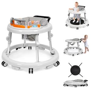 Music and Lights Baby Walker Foldable with 9 Adjustable Heights, Baby Walker with Wheels Portable, Infant Toddler Walker for Baby Boy Girls 6-18 Months (White)