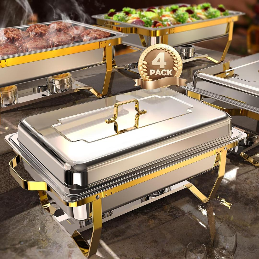 Chafing Dishes for Buffet 4 Pack, 9QT [Elegant Gold and Silver Colors] Stainless Steel Chafing Dish Buffet Set [Sturdy and High Grade] Chafers and Buffet Warmers Sets for Any Party with Complete Set