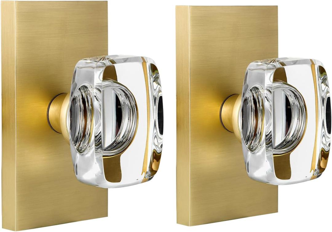 Satin Brass Crystal Glass Dummy Door Knob Interior, Gold Dummy Door Knob for Closet Hall Rectangular Single Side Non-Turning Inactive, 2 Pack