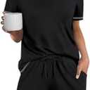 Ekouaer Womens Pajamas Sets Soft Cotton Pjs Short Sleeve Lounge Sets Casual Two Piece Pjs With Pockets Black M