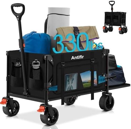 Collapsible Wagon with Tailgate,Foldable Cart with Wheels,330LBS Resting Large Capacity,2 Drink Holders & Side Pockets,Long Extender,for Groceries,Shopping,Camping,Beach,Garden,Blue