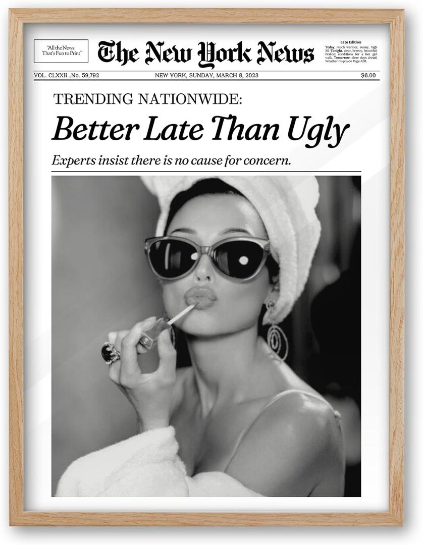 iHery Natural OAK Wood Audrey Hepburn Newspaper Trendy Framed Wall Art, 12x16 in Vintage Headline Canvas Bedroom Wall Decor, Better Late Than Ugly,Bathroom Artwork Apartment Girly Dorm Room 1Pack