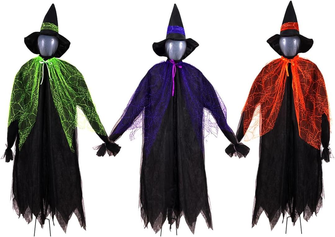 Halloween Witch Yard Stakes 4FT Decoration, Set of 3 Scary Witches with Multicolored Heads and Holding Hands Home Props Lawn Party Gift Decor Outdoor Decorative Garden Stakes (Three Witches)