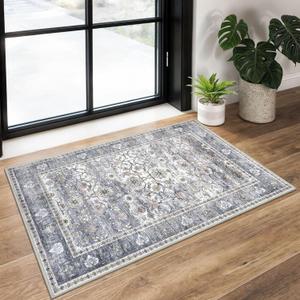 KUTA Vintage 2x3 Entryway Rug, Washable Kitchen Rugs & Ultra Thin Soft Throw Rug, Non-Slip Floral Distressed Print, Perfect for Front Door, Bedside, or Small Spaces Grey Blue Retro Style