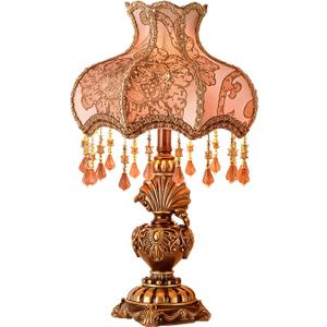 Antique Victorian Table Lamp Tiffany Style Floral Desk Light Fringe Fabric Lampshade Resin Base Romantic Beside Lamp for Bedroom Living Room Nightstand Office Study Home Decoration