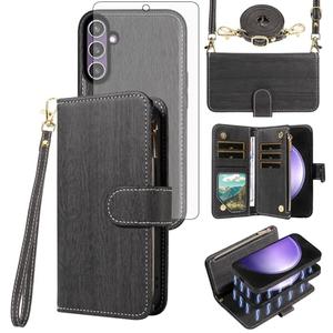 Asuwish Phone Case for Samsung Galaxy S23 FE 5G Zipper Wallet Magnetic Detachable Cell Cover with Tempered Glass Screen Protector Crossbody Lanyard Strap Card Holder Slot S 23 EF S23FE 23S Women Black