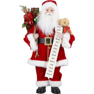 AGM 18" Santa Claus, Christmas Figurine Figure Decor with Good and Bad List and Bear and Gifts Bag for Holiday Party Home Decoration