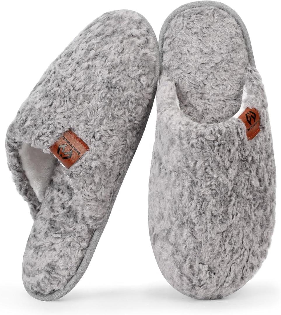 Womens Fuzzy Scuff Slippers, Comfy Supportive Foam Slip-On House Shoes for Indoor Bedroom (9-10, Grey)