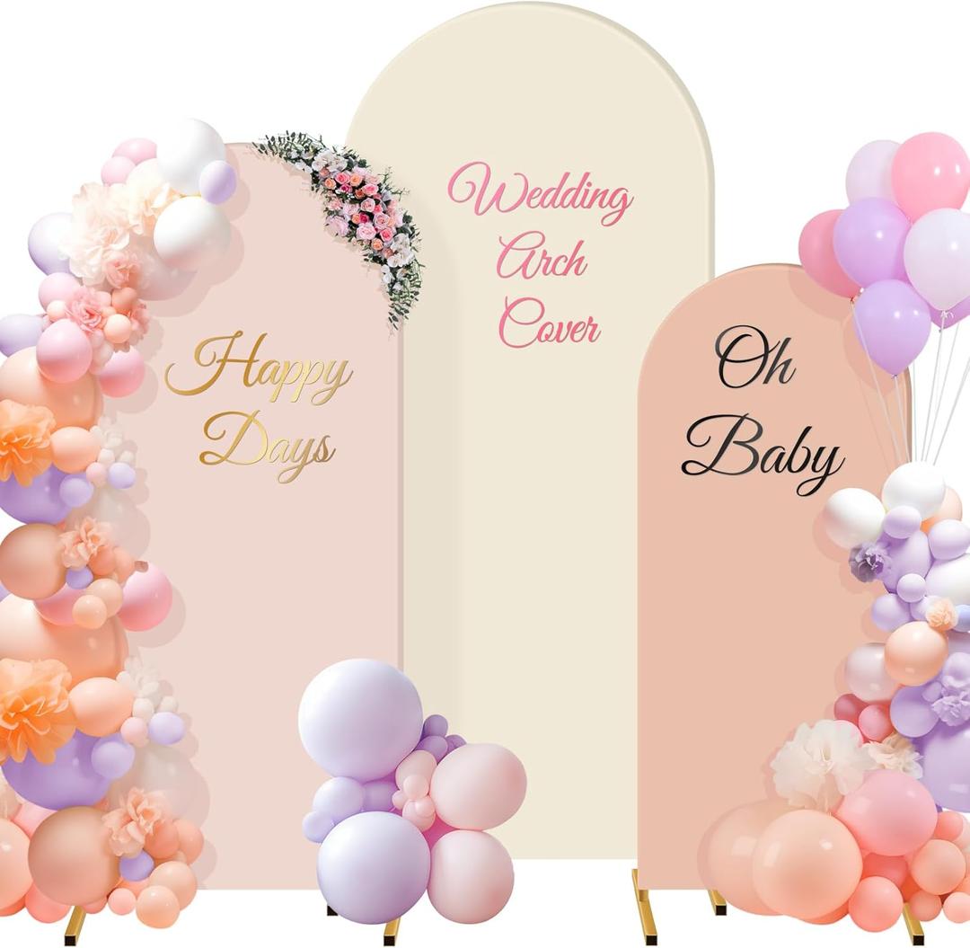 Buryeah Set of 3 Wedding Arch Covers Stretchy Backdrop 6ft, 5ft, 4ft Spandex Fitted 2 Sided Arch Cover Stretchy for Party Decor, No Frame(Cream, Pink, Nude)