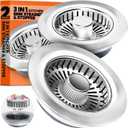 Kitchen Sink Drain Strainer & Sink Stopper, Upgraded 3 in 1 Stainless Steel Drain Plug Combo with Anti-Clog Basket, Pop Up Drain Cover for Standard 3-1/2'', Fits Double Bowl Kitchen Sinks (Chrome Silver)