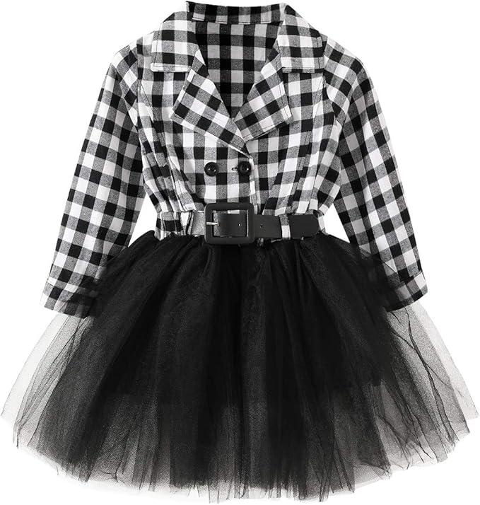 YOUNGER STAR Little Baby Girl Black and White Dress Buffalo Plaid Tutu Skirt Party Princess Formal Outfit Clothes (Size 150)