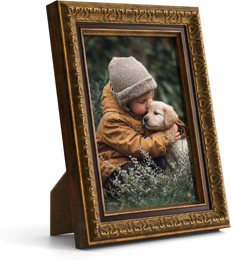 Vintage Picture Frame for 4x6 Photos, Ornate Decorative Frame with Stand for Table Wall Decor, Retro Golden Frames for Home Office Shop Hotel Library (Bronze Gold)